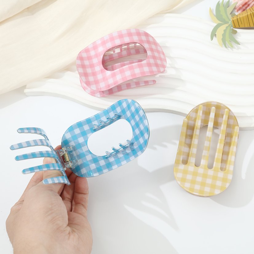 Flat clamp Lazy Vintage Plaid Acetate Claw Clip – Fashionable High-End Large Duckbill Clip for Flat Back-of-Head Updo